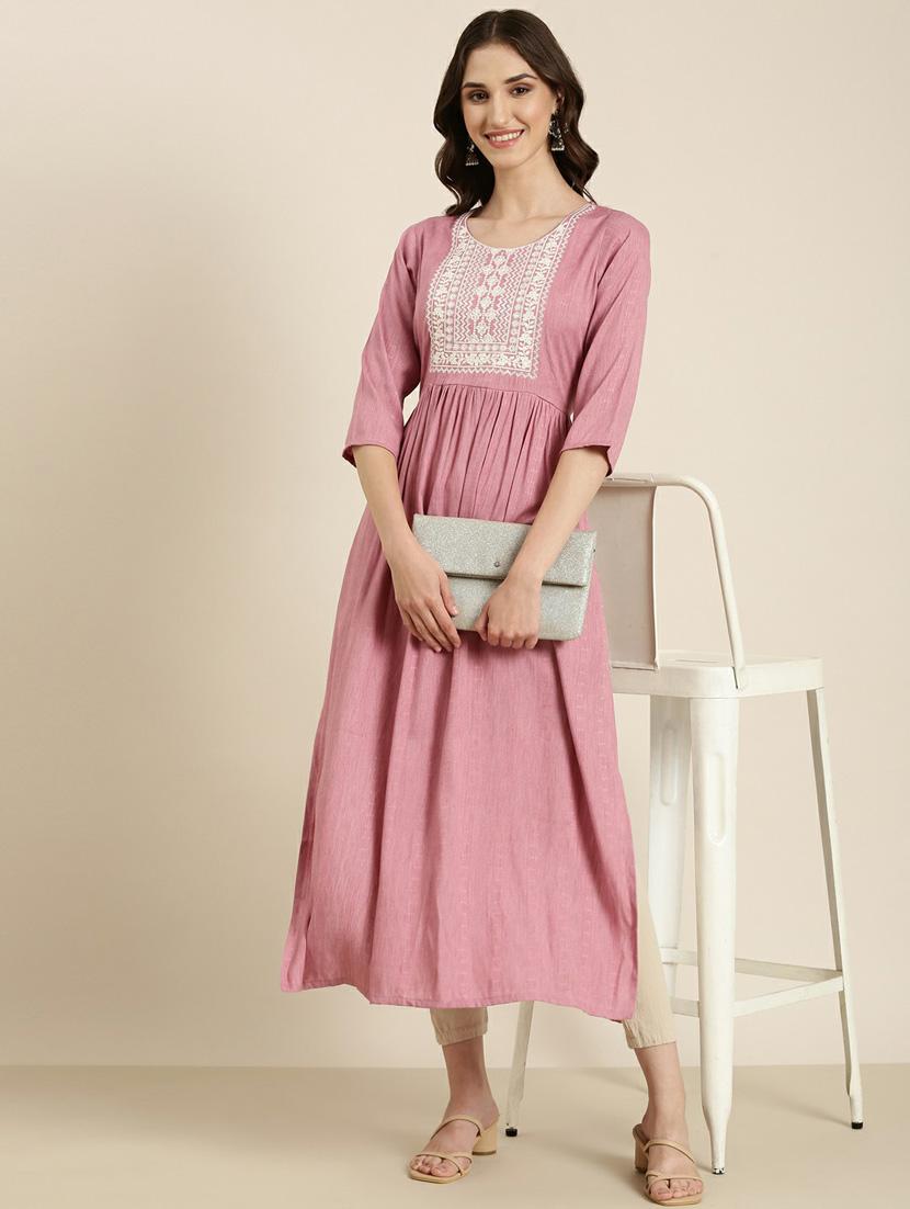 women's pink round neck flared kurta - 20252250 - Standard Image - 3
