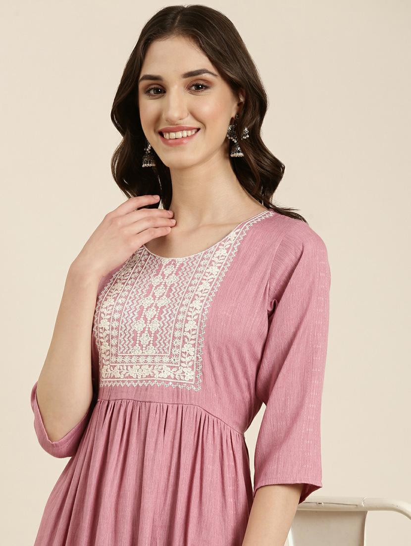women's pink round neck flared kurta - 20252250 - Standard Image - 5