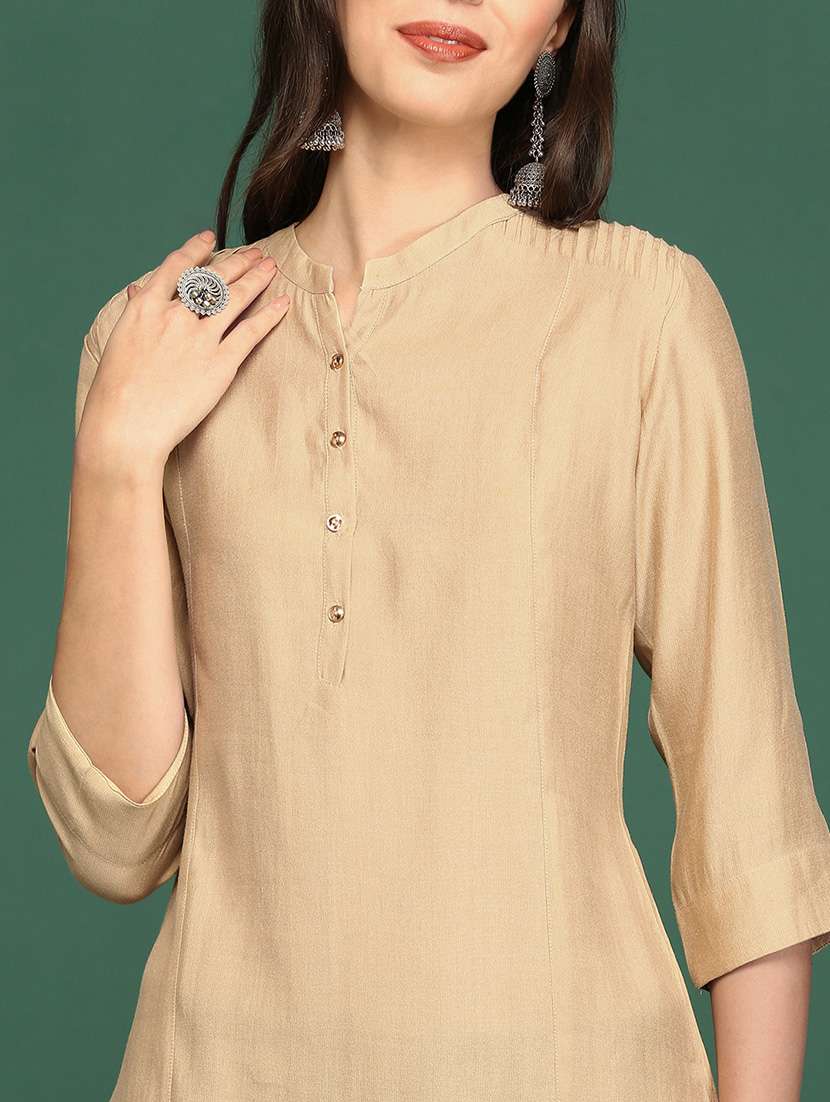 women's beige mandarin neck straight kurta - 20252253 -  Standard Image - 5