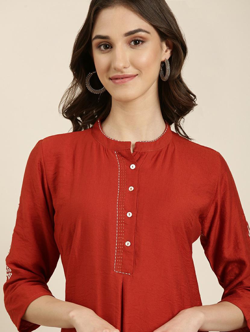 women's rust mandarin neck straight kurta - 20252254 - Standard Image - 5