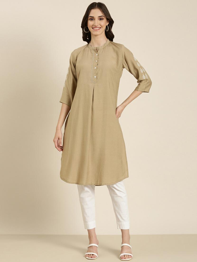 women's beige mandarin neck straight kurta - 20252255 - Zoom Image - 0