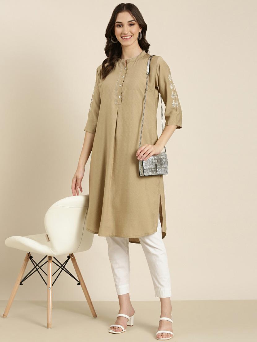 women's beige mandarin neck straight kurta - 20252255 - Standard Image - 3