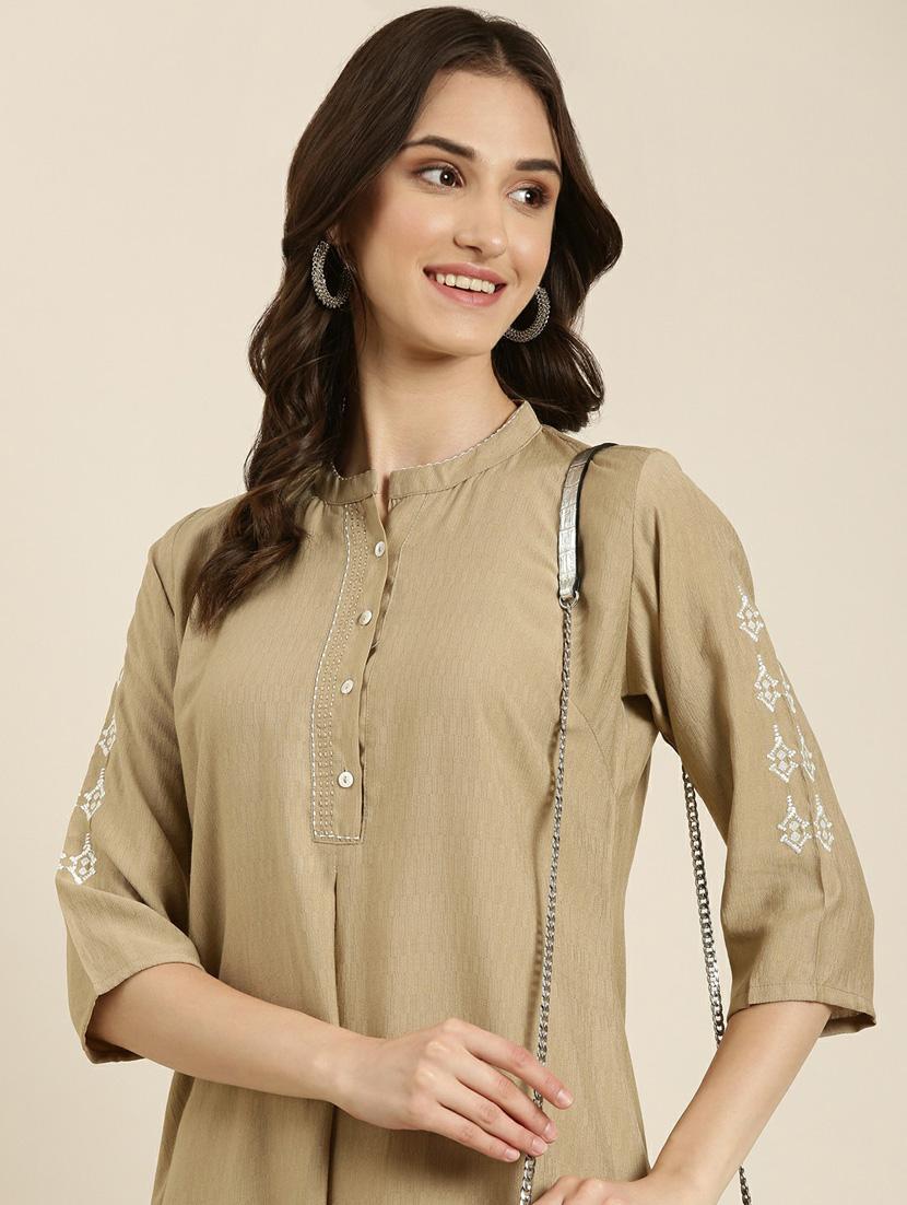 women's beige mandarin neck straight kurta - 20252255 - Standard Image - 5