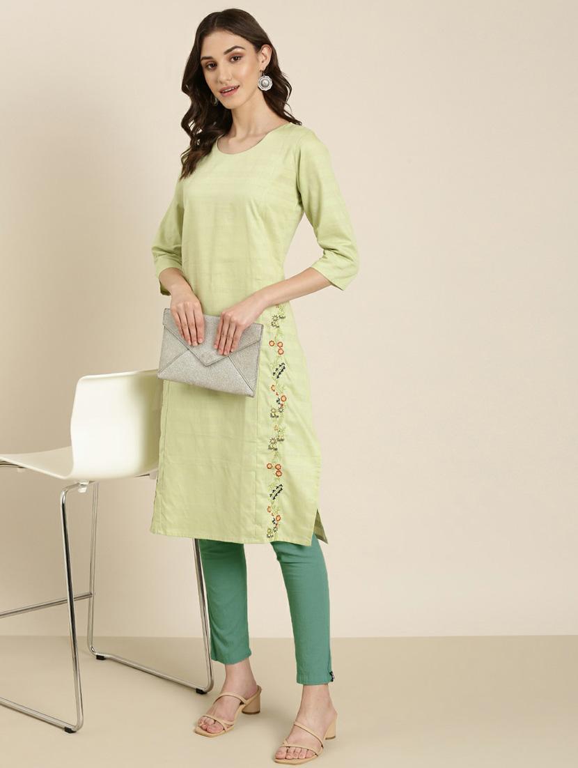 women's lime green round neck straight kurta - 20252258 - Standard Image - 3