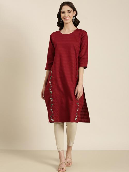 women's maroon round neck straight kurta - 20252260 - Standard Image - 0