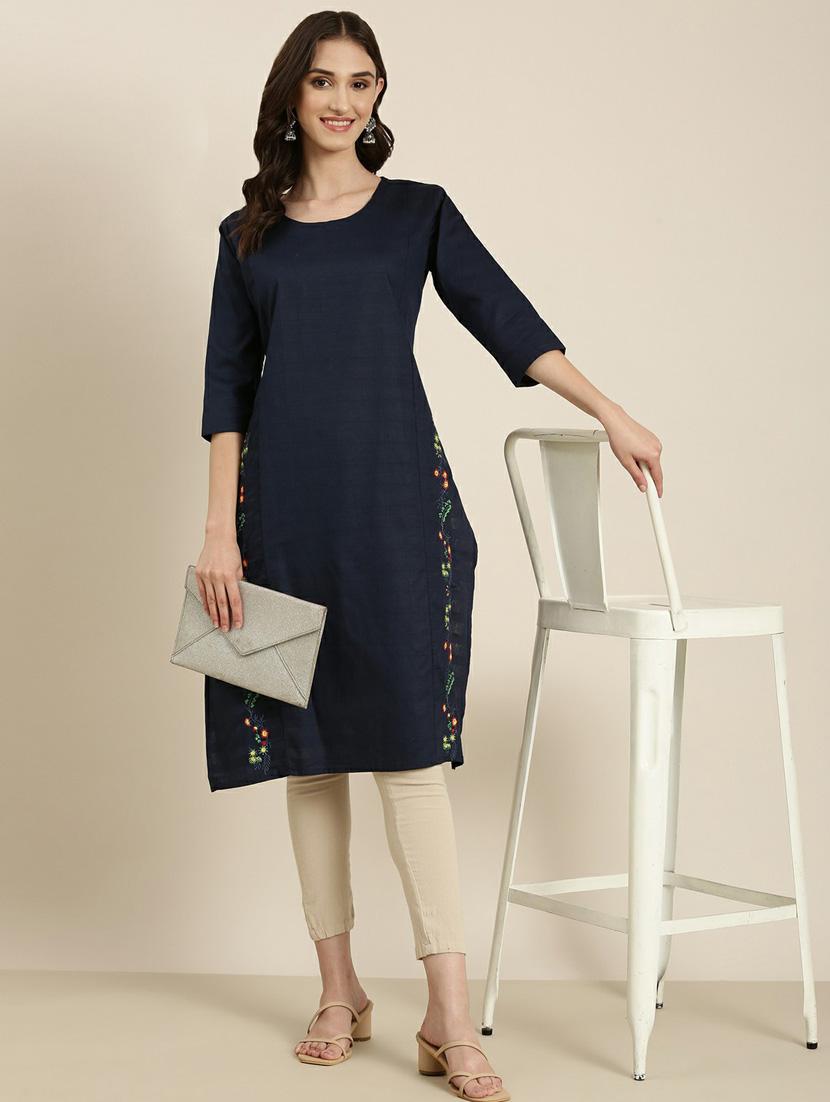 navy cotton straight kurta - 20252261 - Standard Image - 3