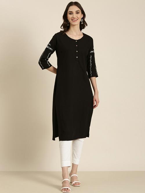 women's black round neck straight kurta - 20252262 - Standard Image - 0