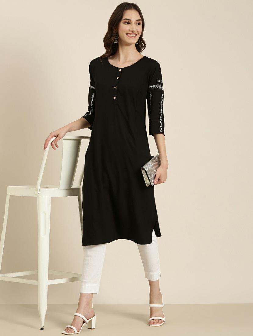 women's black round neck straight kurta - 20252262 - Standard Image - 3