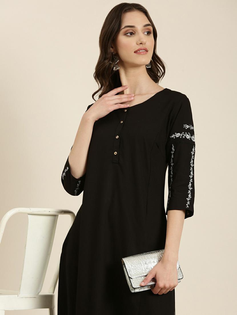 women's black round neck straight kurta - 20252262 - Standard Image - 5