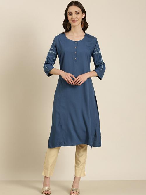 women's blue round neck straight kurta - 20252263 - Standard Image - 0