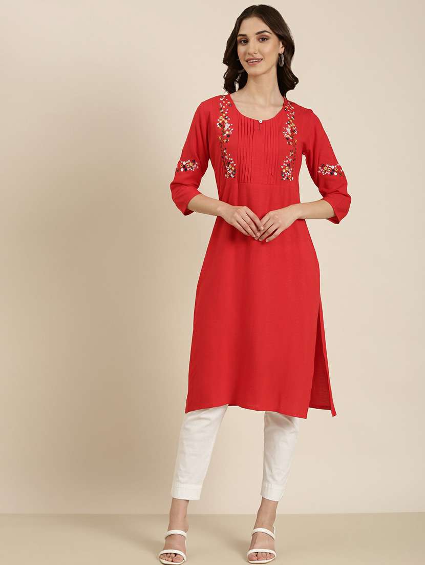 women's red round neck straight kurta