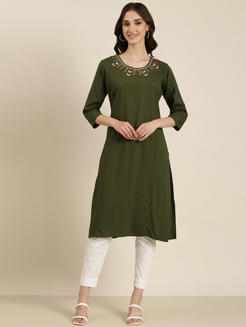 women's olive round neck straight kurta - 20252267 - Zoom Image - 0