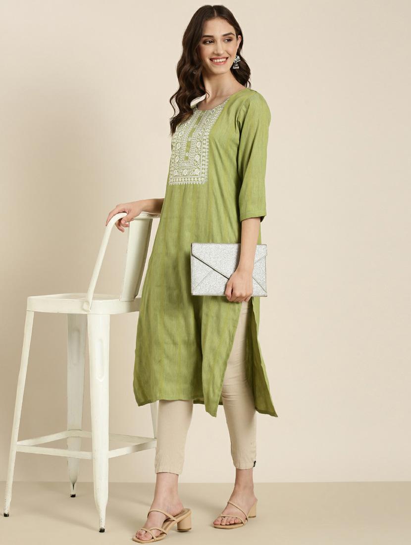 women's green round neck straight kurta - 20252269 - Standard Image - 3