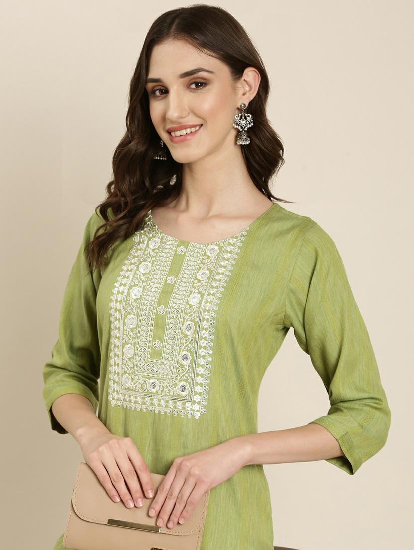women's green round neck straight kurta - 20252269 - Standard Image - 5