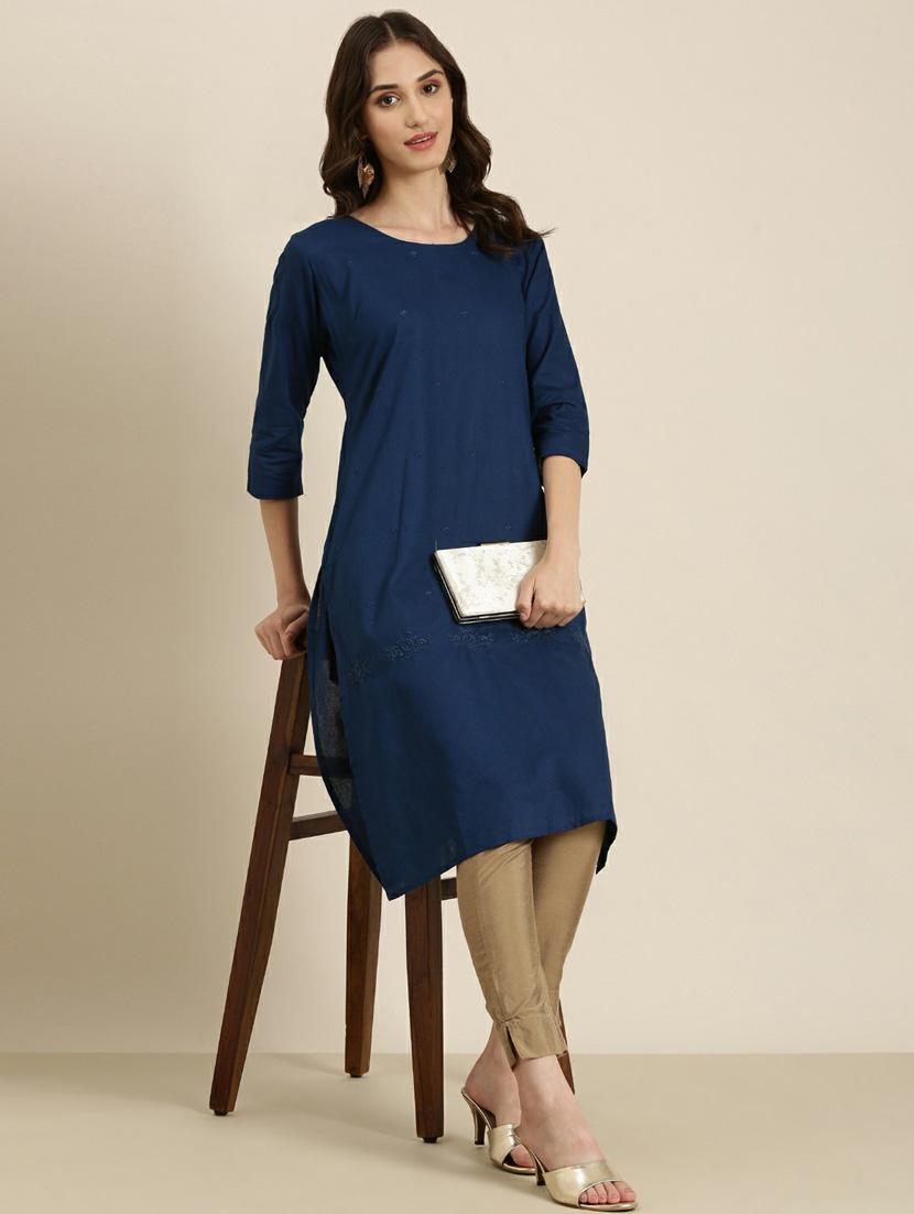 women's blue round neck straight kurta - 20252282 - Standard Image - 3
