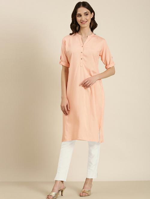 women's peach mandarin neck straight kurta - 20252283 - Standard Image - 0