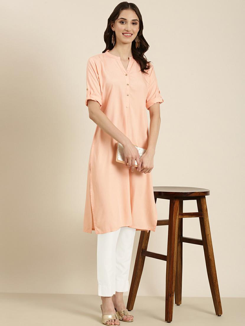 women's peach mandarin neck straight kurta - 20252283 - Standard Image - 3