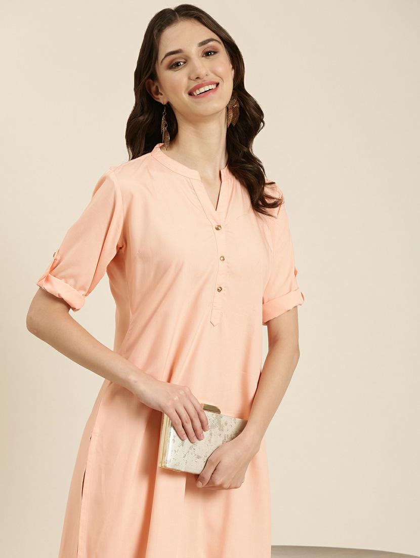 women's peach mandarin neck straight kurta - 20252283 - Standard Image - 5