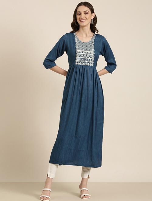 women's blue round neck flared kurta - 20252288 - Standard Image - 0