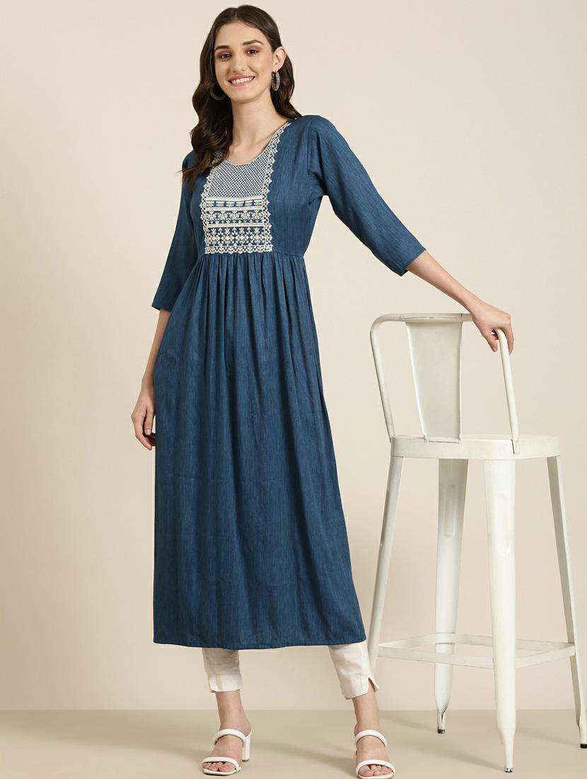 women's blue round neck flared kurta - 20252288 - Standard Image - 3