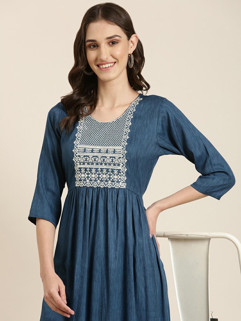 women's blue round neck flared kurta - 20252288 - Standard Image - 5