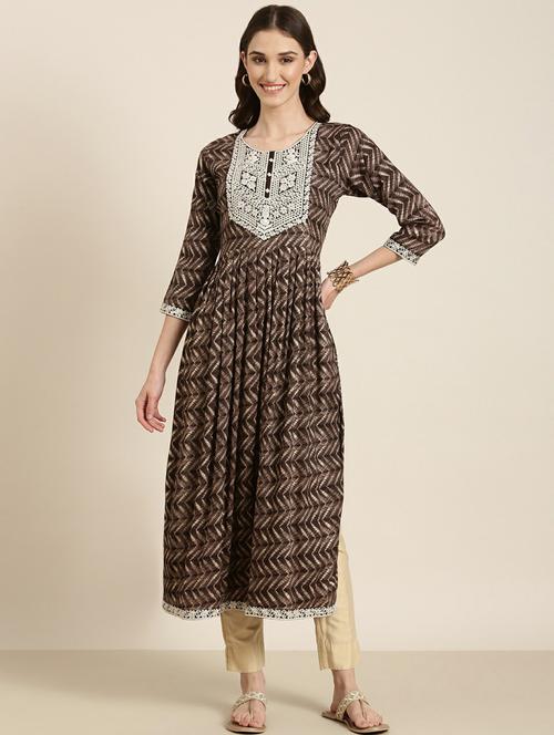 women's  brown round neck flared kurta - 20252289 -  Standard Image - 0
