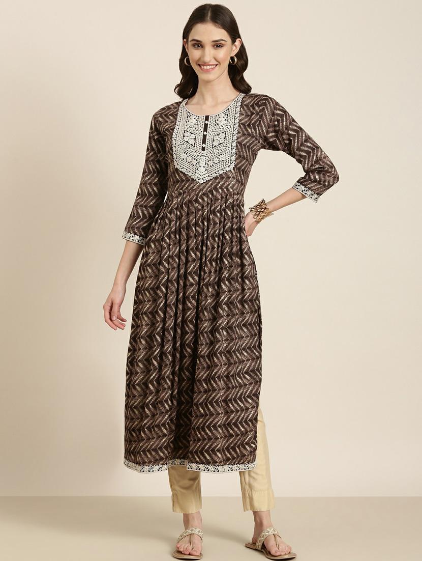 women's  brown round neck flared kurta - 20252289 -  Zoom Image - 0