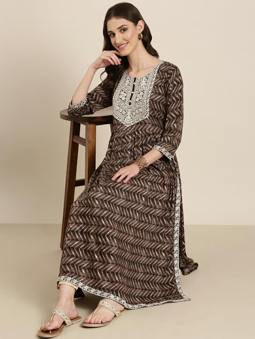 women's brown round neck flared kurta - 20252289 - Standard Image - 3
