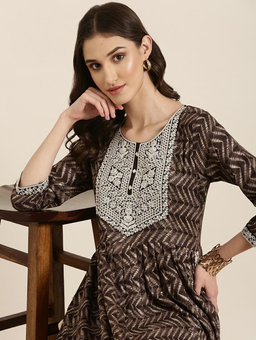 women's brown round neck flared kurta - 20252289 - Standard Image - 5