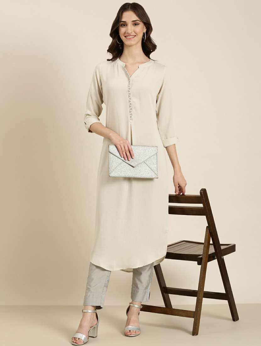 beige embellished straight kurta - 20252321 -  Standard Image - 3