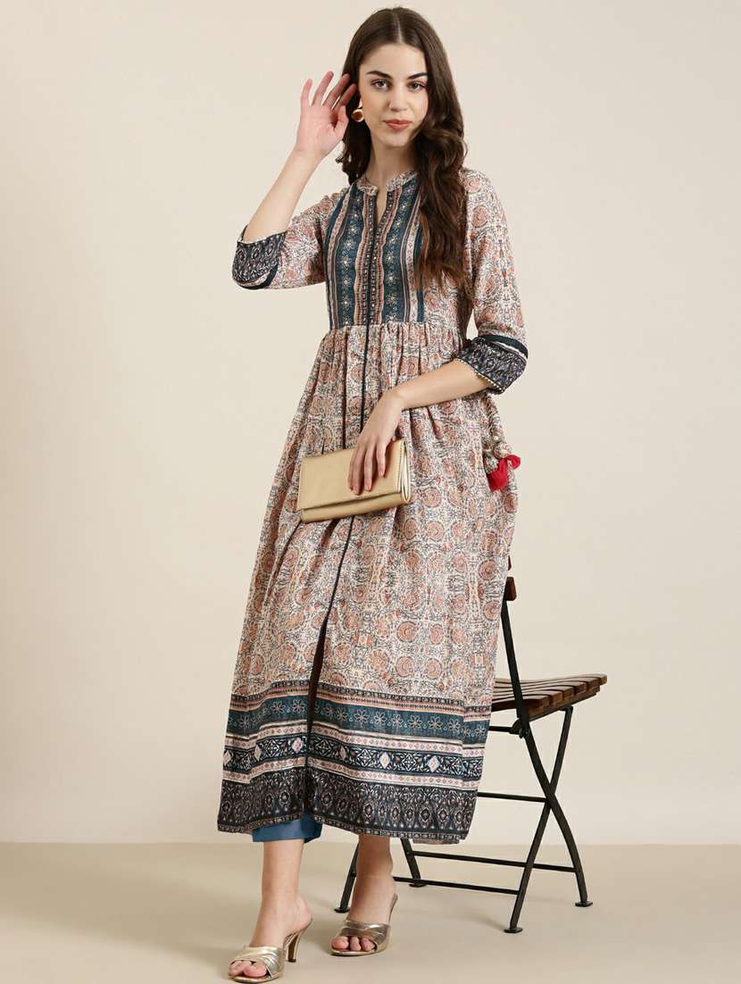 beige floral print flare kurta - 20252336 -  Standard Image - 3