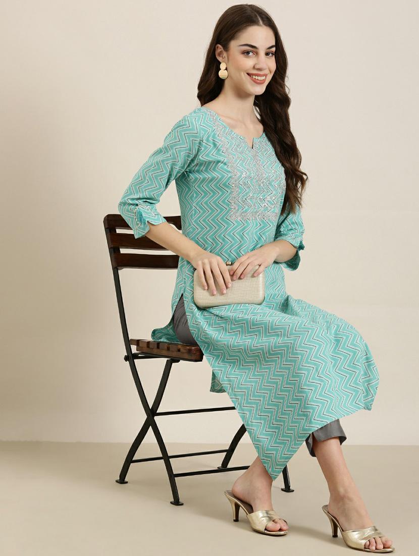 turquoise chevron cotton straight kurta - 20252356 - Standard Image - 3