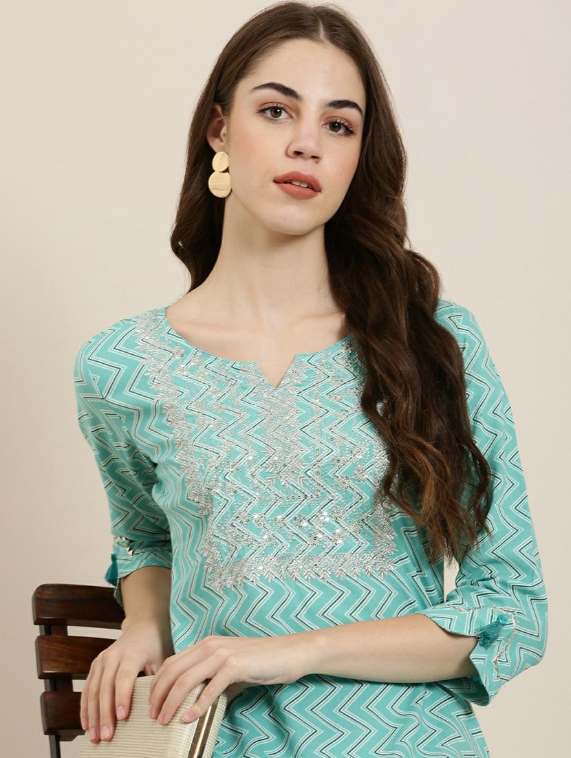 turquoise chevron cotton straight kurta - 20252356 - Standard Image - 5