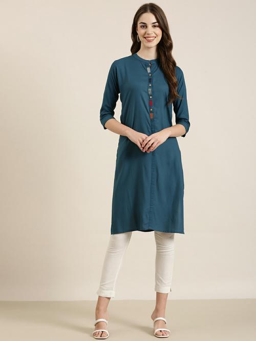 women solid with work straight kurta - 20252381 -  Standard Image - 0