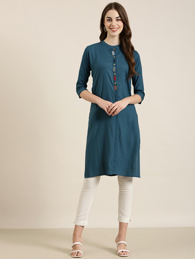 women solid with work straight kurta - 20252381 -  Zoom Image - 0