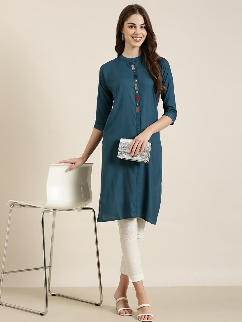women solid with work straight kurta - 20252381 - Standard Image - 3