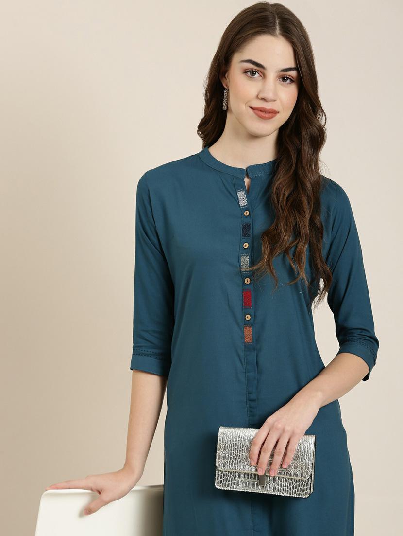 women solid with work straight kurta - 20252381 - Standard Image - 5