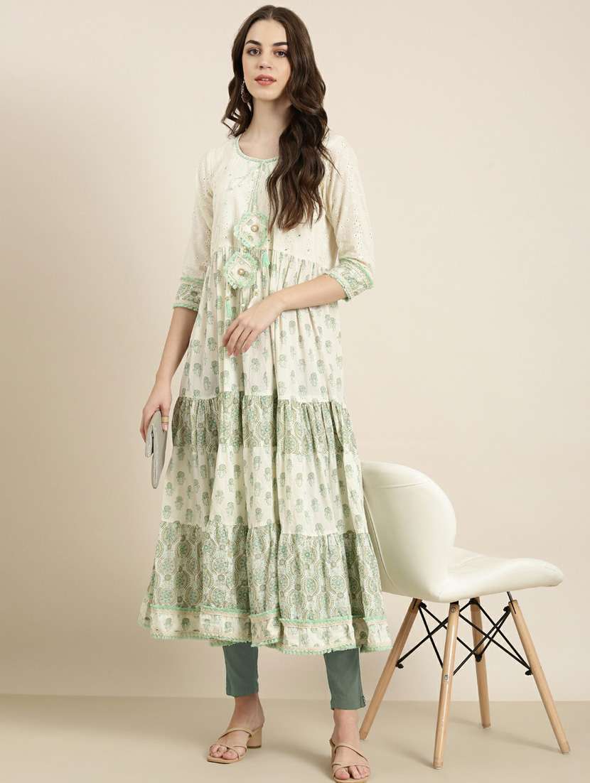 beige block print tiered kurta - 20252387 -  Standard Image - 3