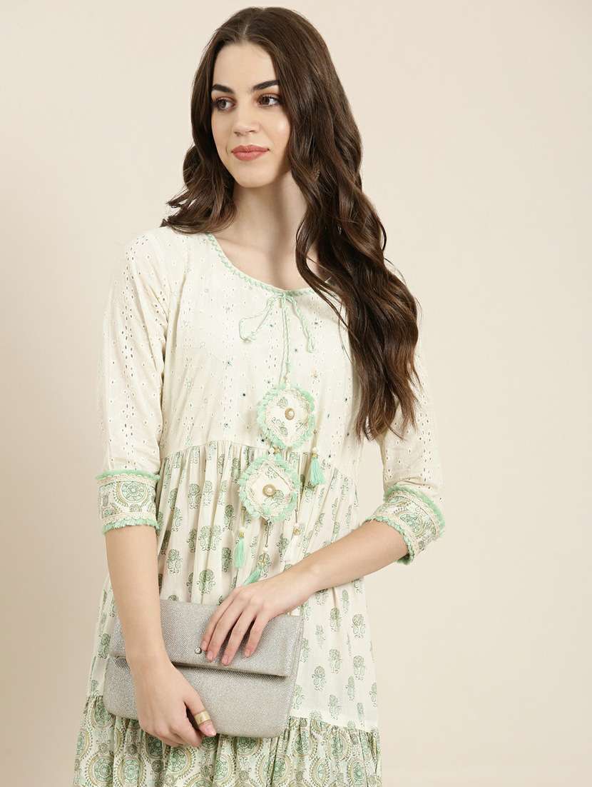 beige block print tiered kurta - 20252387 -  Standard Image - 5