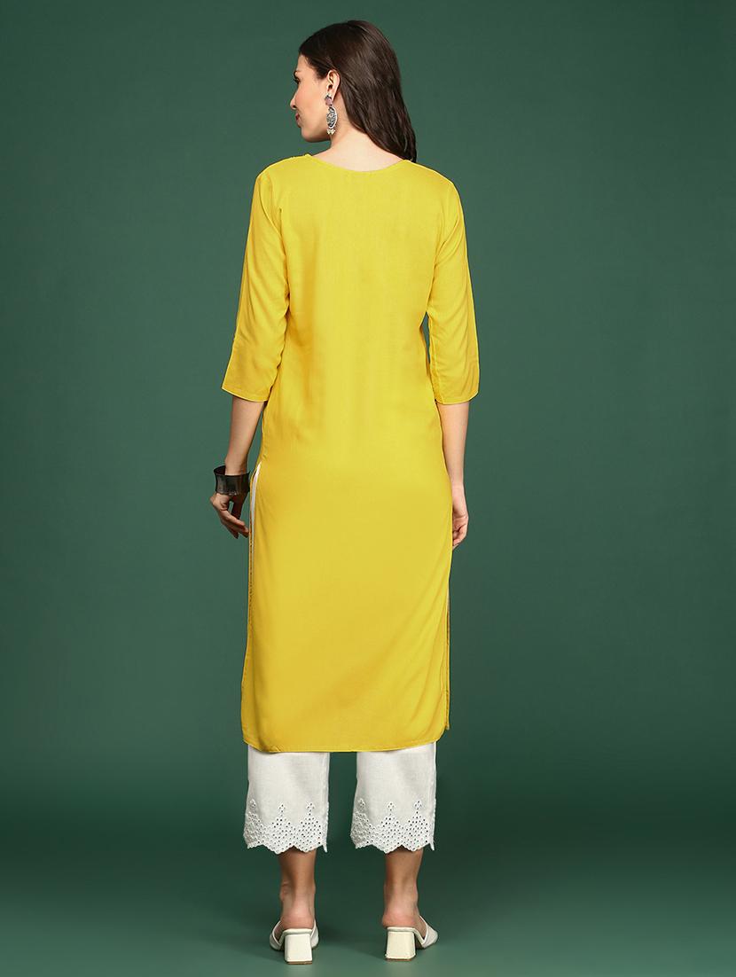 yellow yoke embroidered straight kurta - 20252395 - Standard Image - 3