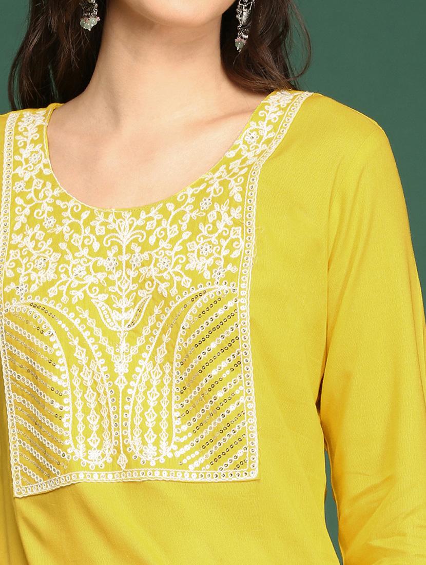 yellow yoke embroidered straight kurta - 20252395 - Standard Image - 5
