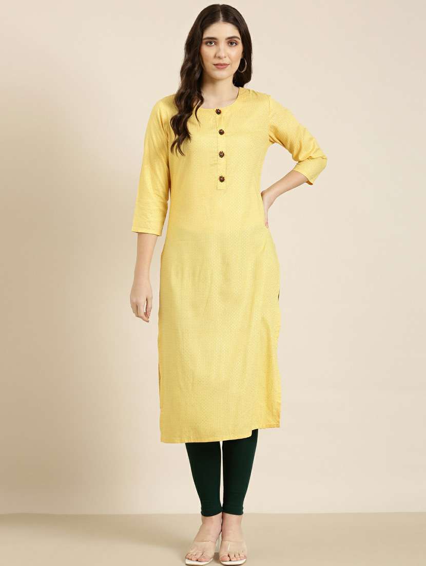 yellow printed cotton straight kurta - 20252396 - Zoom Image - 0