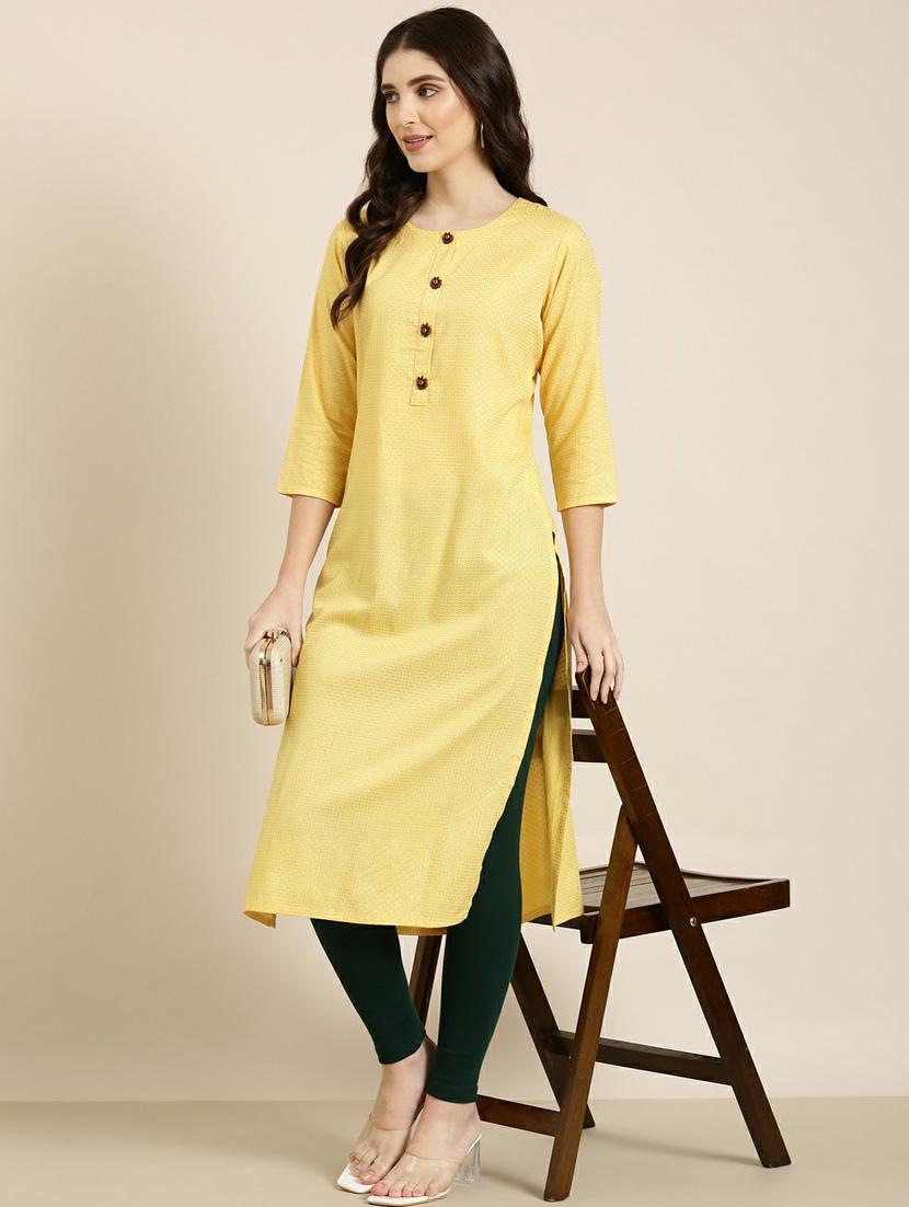 yellow printed cotton straight kurta - 20252396 - Standard Image - 3