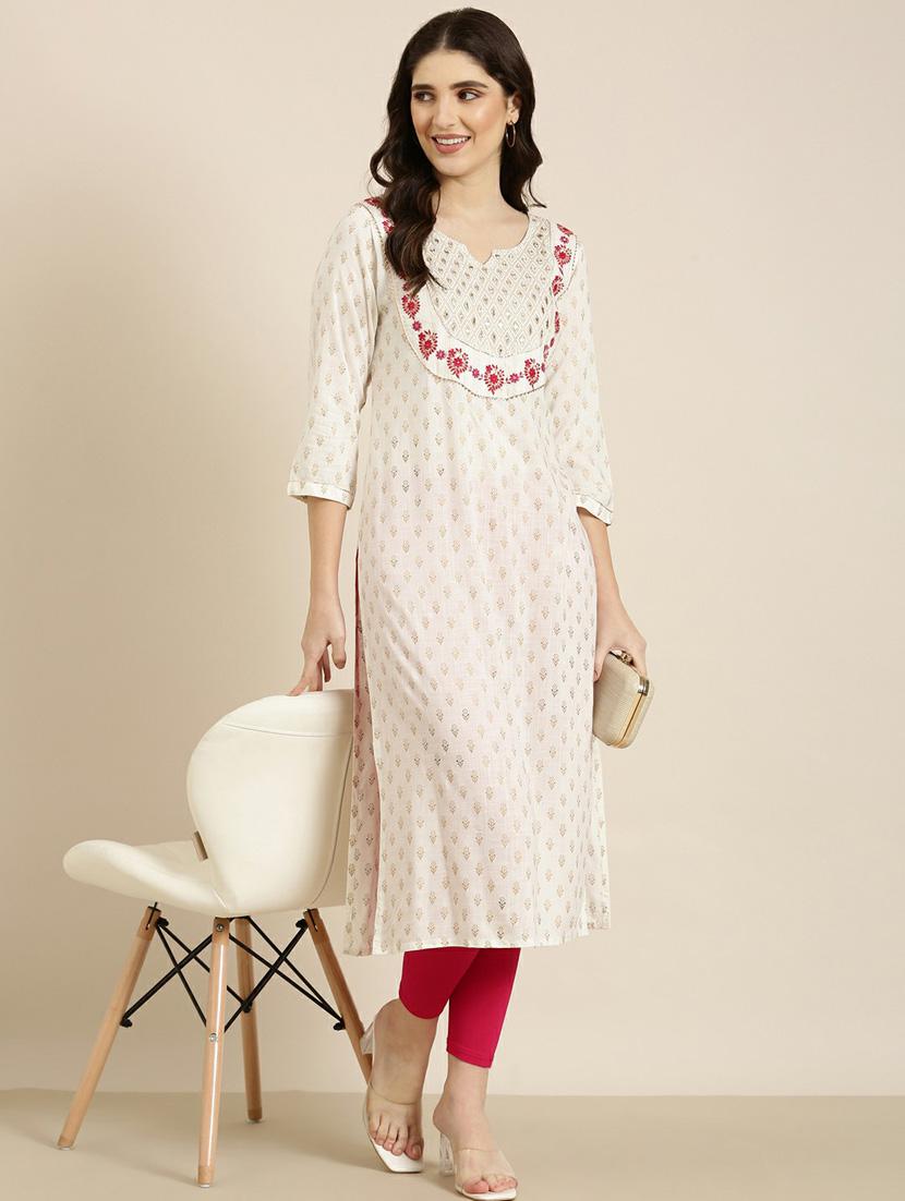women yoke embroidered cotton straight kurta - 20252405 - Standard Image - 3