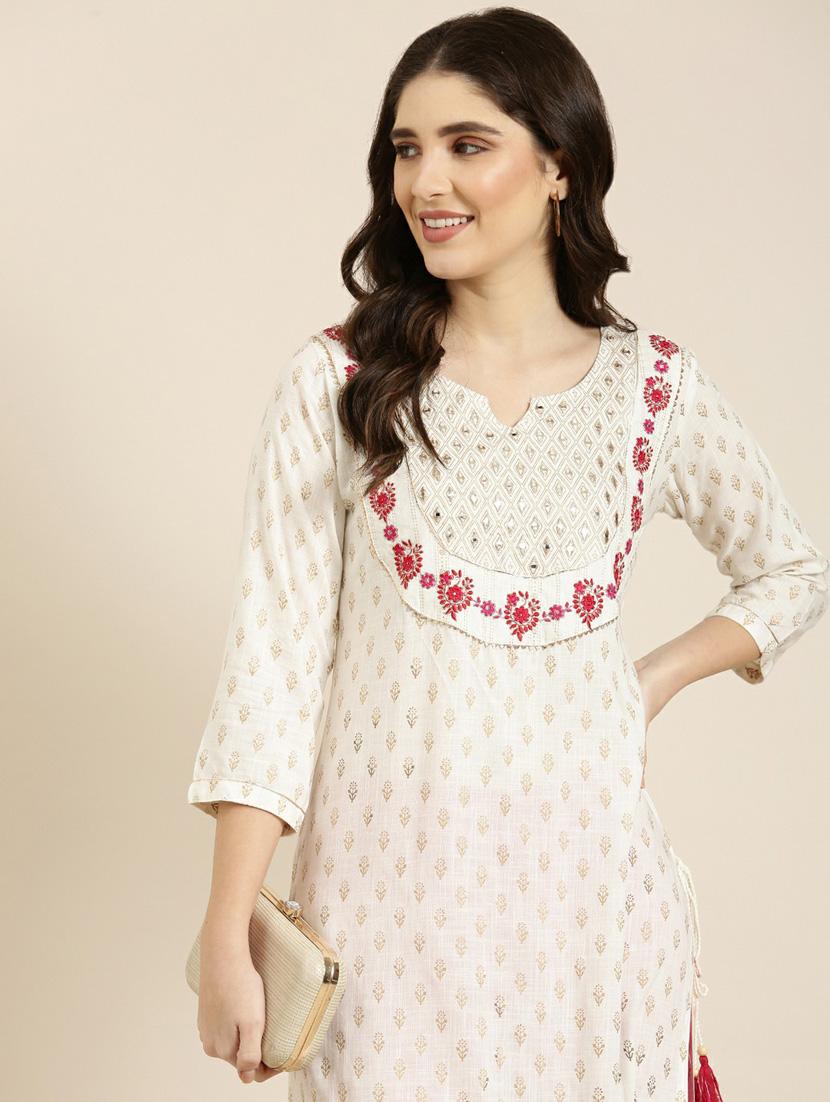 women yoke embroidered cotton straight kurta - 20252405 - Standard Image - 5