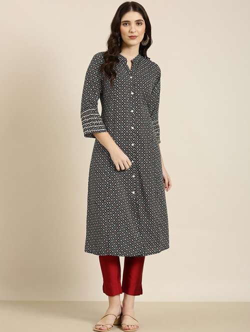 black geometric cotton a-line kurta - 20252418 - Standard Image - 0