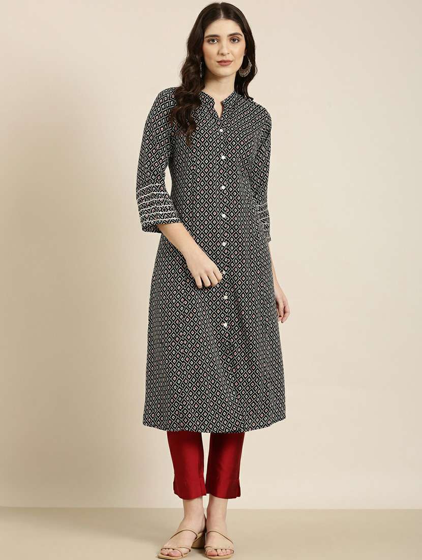 black geometric cotton a-line kurta - 20252418 - Zoom Image - 0