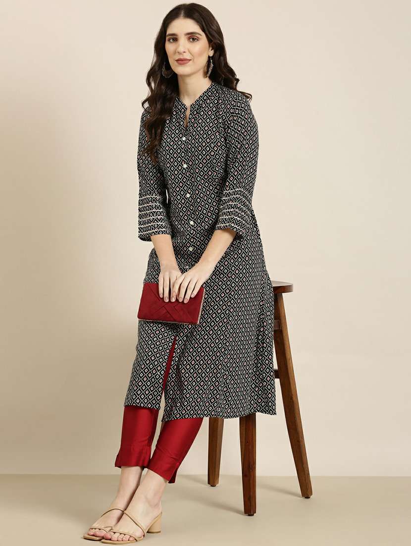 black geometric cotton a-line kurta - 20252418 - Standard Image - 3