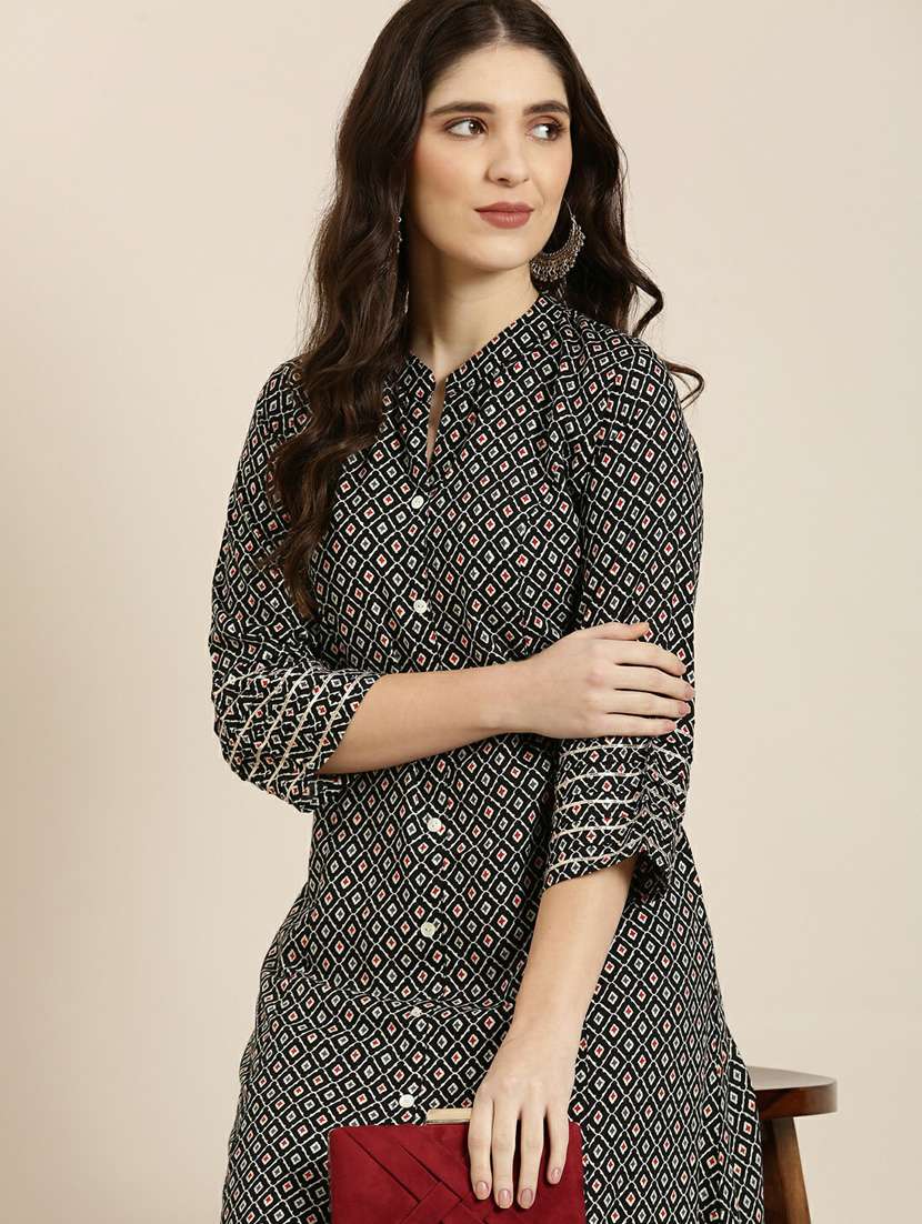 black geometric cotton a-line kurta - 20252418 - Standard Image - 5