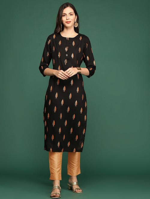black tropical cotton straight kurta - 20252454 -  Standard Image - 0